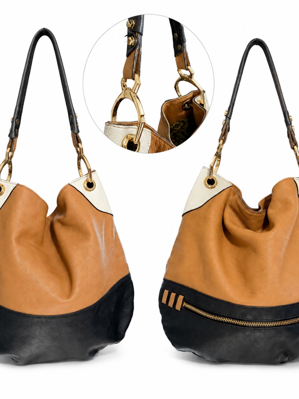 SAVVY Colorblock Hobo Shoulder Bag Cognac Black Cream Gold Hardware